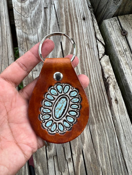 Oval Sleeping Beauty Stamped Turquoise Leather Key Fob