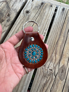 Painted Round Concho Turquoise Leather Key Fob