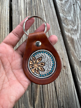 Round Western Concho Stamped Leather Key Fob