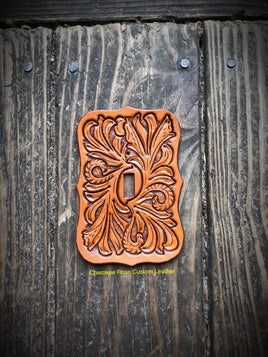 Traditional Floral Carved Tan Single Leather Light Switch Cover - Peyote Rose