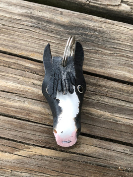 Hand Painted Black Horse Head Leather Keychain