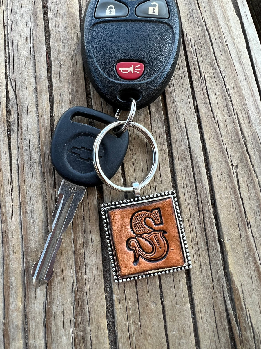 Western Block Initial 'B' Leather Keychain