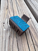 2 Inch Blue Embossed Leather on Medium Brown Hair Claw Clip