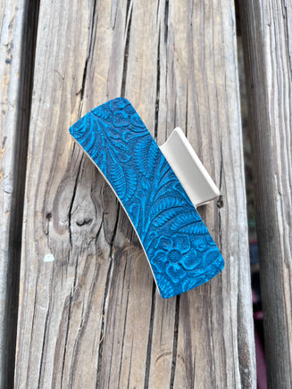 4 Inch Blue Embossed Leather on Cream Hair Claw Clip