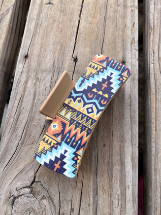4 Inch Beige Hair Clip with a Blue Geomteric Tribal Pattern