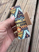 4 Inch Beige Hair Clip with a Blue Geomteric Tribal Pattern