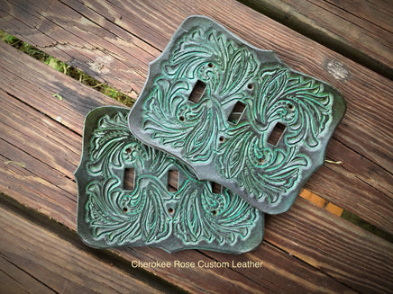 Custom Order Turquoise Western Floral Carved Triple Light Switch Cover