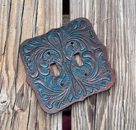 Custom Order Turquoise Western Floral Carved Double Light Switch Cover