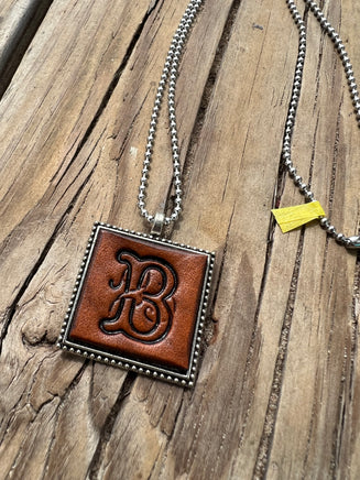 Hand Stamped Leather B Initial in Fancy Scroll Design Necklace