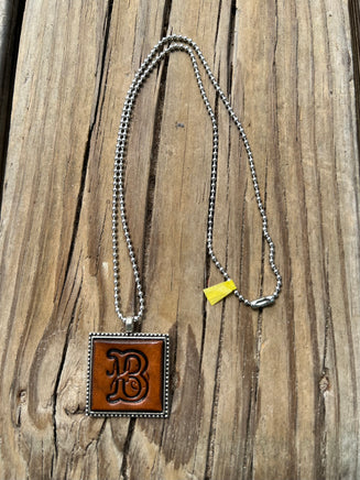 Hand Stamped Leather B Initial in Fancy Scroll Design Necklace