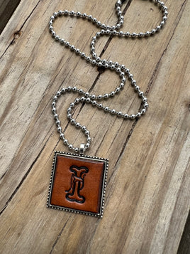 Fancy Scroll Letter 'I' Initial Leather Pendant Necklace
