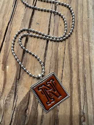 Fancy Scroll Letter 'N' Initial Leather Pendant Necklace