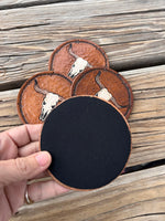 Carved Texas Longhorn Leather Coaster Set of 4