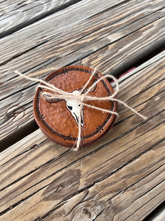 Carved Texas Longhorn Leather Coaster Set of 4