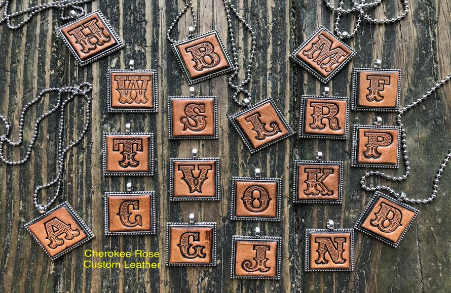 Custom Leather Initial Necklaces available from Cherokee Rose Custom Leather