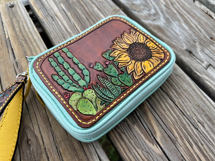 Custom Leather Hand Tooled Pill Organizer with Hand Painted Sunflowers and Cactus