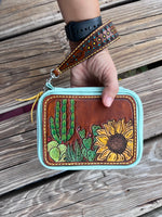 Custom Leather Hand Tooled Pill Organizer with Hand Painted Sunflowers and Cactus