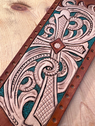 Floral Carved Cross Leather Show Stick Wrap