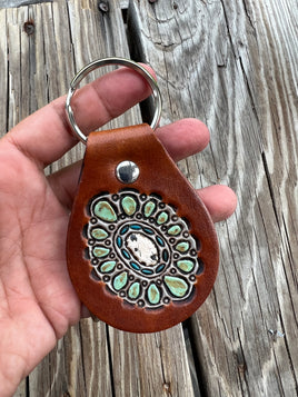 Hand Painted Buffalo Turquoise Leather Key Fob