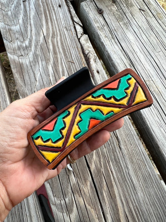 Custom Leather Hand Painted Aztec Design Hair Claw Clip
