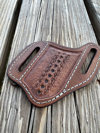 Slanted Style Stamped Braid Design Leather Pocket Knife Sheath