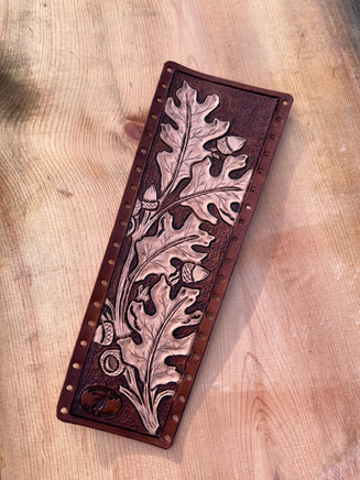 Hand Carved Oak Leaves Leather Show Stick Wrap
