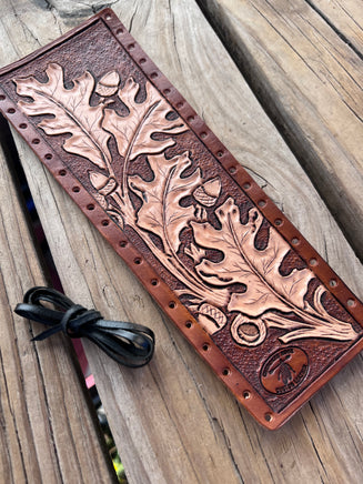 Hand Carved Oak Leaves Leather Show Stick Wrap
