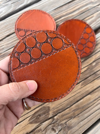 Geometric Hand Stamped Leather Coaster Set of 4