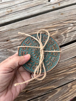 Turquoise Mandala Hand Stamped Leather Coaster Set of 4