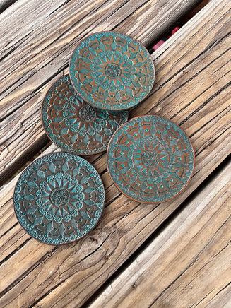 Turquoise Mandala Hand Stamped Leather Coaster Set of 4