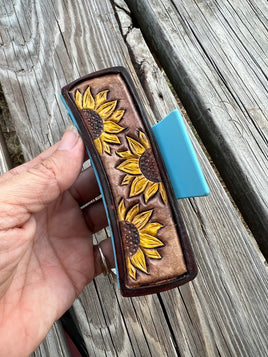 Custom Leather Hand Painted Trio of Sunflowers Hair Claw Clip
