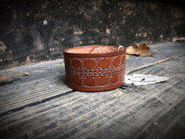 9 inch Geometric Wheat Stamped Leather Cuff - Peyote Rose