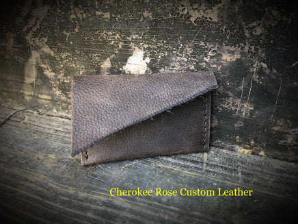 Dark Brown Natural Edge Leather Card Wallet - Peyote Rose