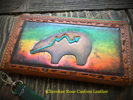 One of a Kind Handpainted Clutch Wallet Zuni Bear & War Pony - Peyote Rose