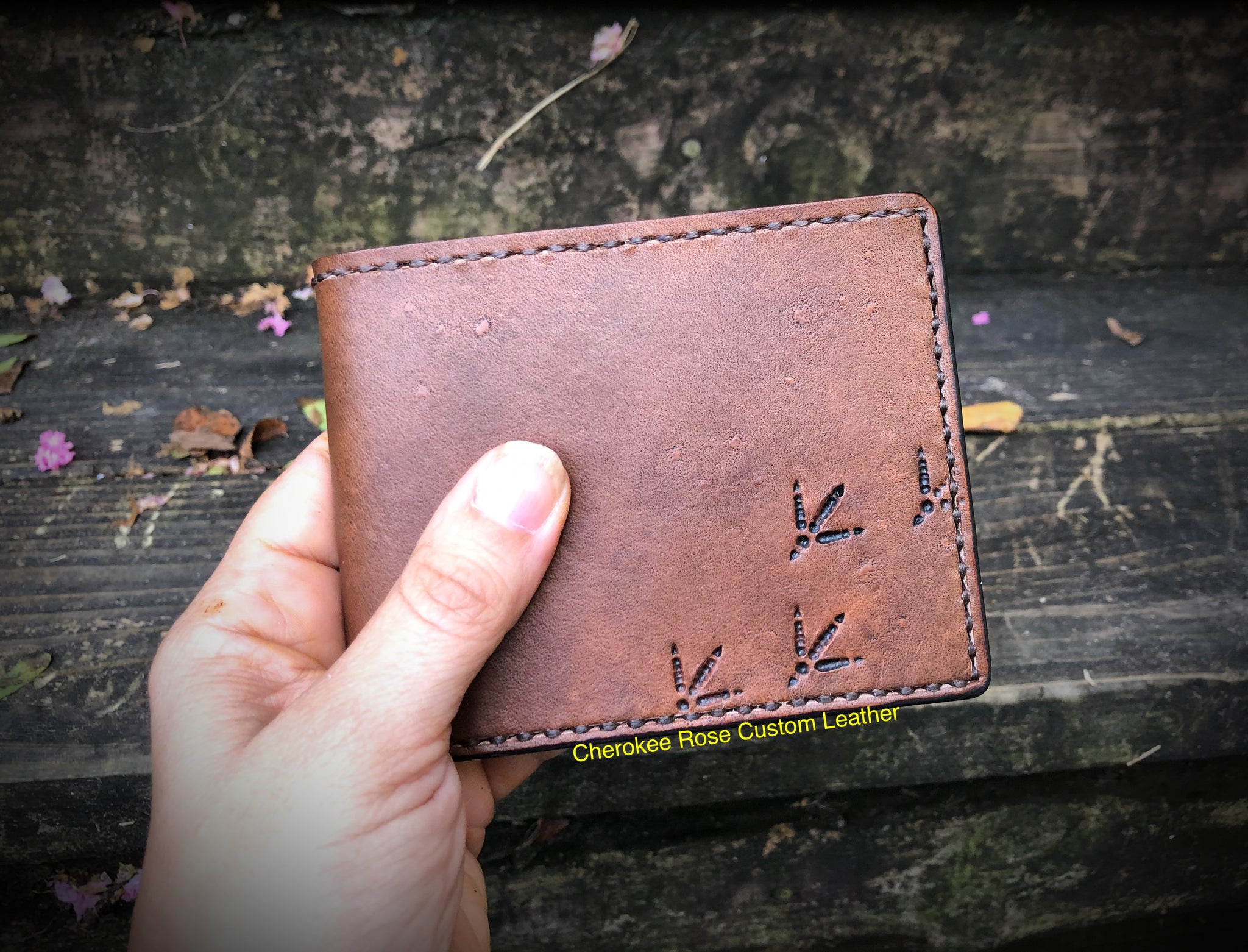 Hand-painted bifold brown leather wallet