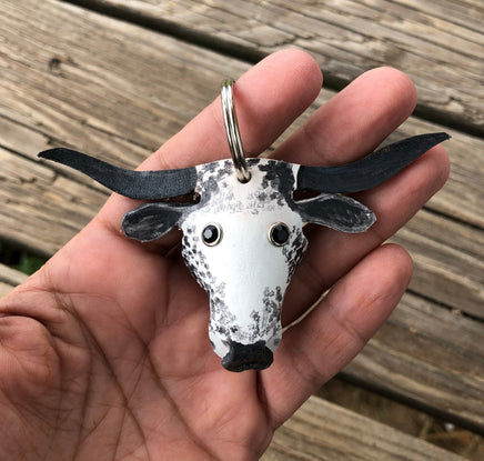 Hand Painted Black Speckled Texas Longhorn Leather Keychain