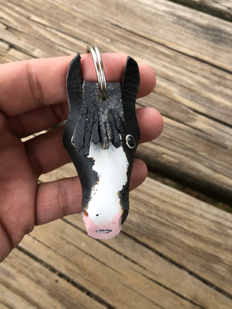 Hand Painted Black Horse Head Leather Keychain