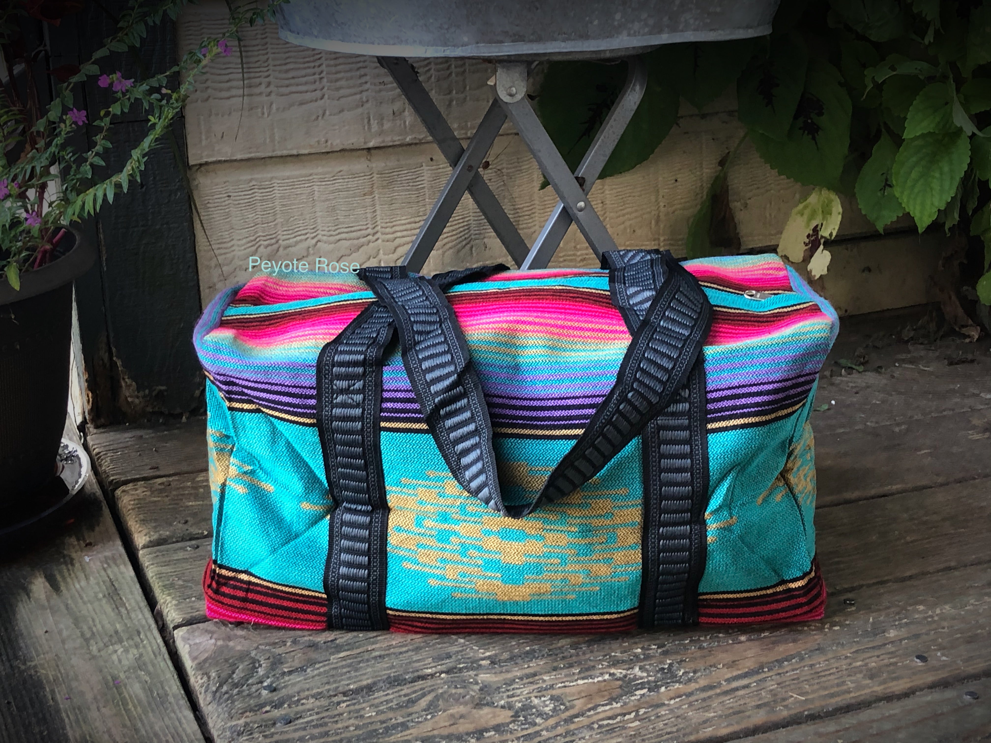 Light Blue Serape Southwest Weekender Bag Peyote Rose