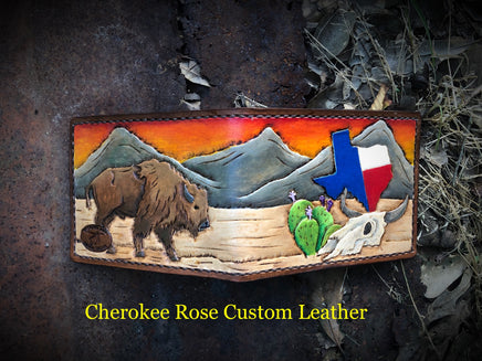 Custom Ordered Hand Painted Leather Bifold Wallet with Southwest Texas Design