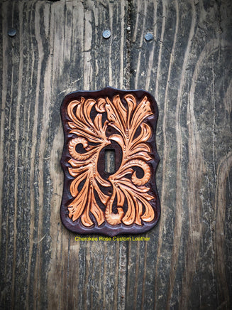 Dark Brown Traditional Floral Carved Leather Single Light Switch Cover - Peyote Rose