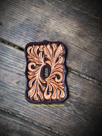 Dark Brown Traditional Floral Carved Leather Single Light Switch Cover - Peyote Rose