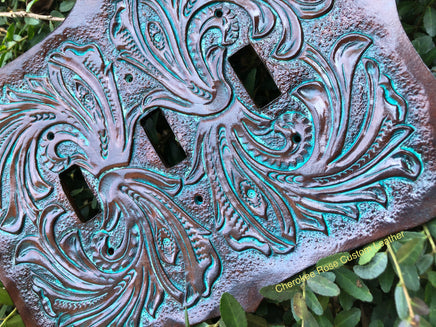 Custom Order Turquoise Western Floral Carved Triple Light Switch Cover