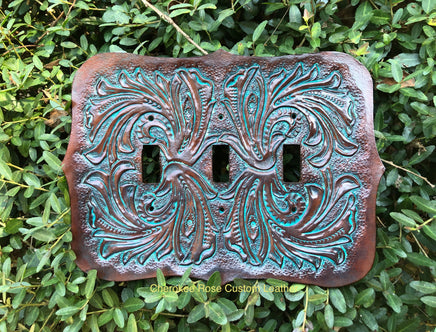 Custom Order Turquoise Western Floral Carved Triple Light Switch Cover