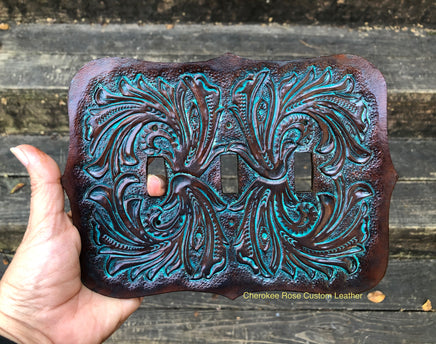 Custom Order Turquoise Western Floral Carved Triple Light Switch Cover