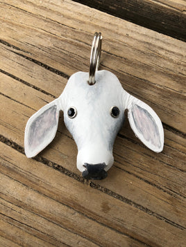 Hand Painted Gray Brahma Cow Leather Keychain