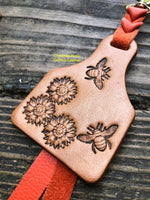 Sunflower & Bees Leather Ear Tag Key Chain