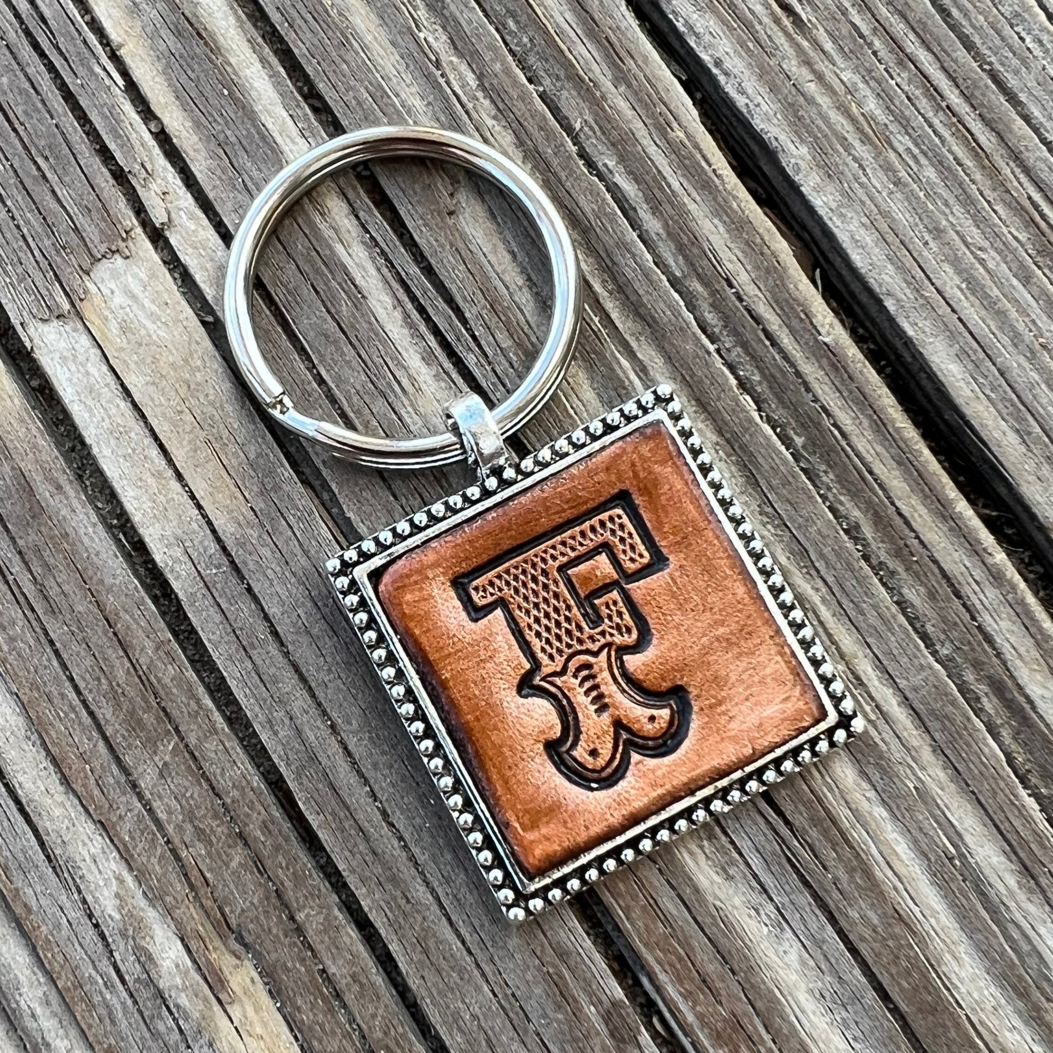 Western Block Initial 'F' Leather Keychain