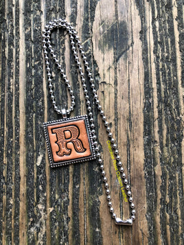 Western Block Letter 'R' Initial Leather Pendant Necklace