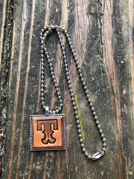 Western Block Letter 'T' Initial Leather Pendant Necklace