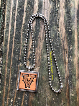 Western Block Letter 'V' Initial Leather Pendant Necklace